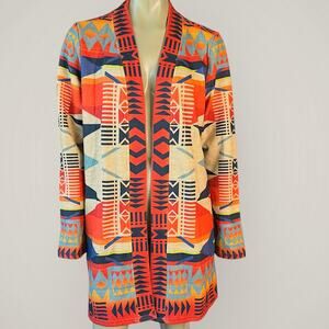 Fashion Express Long Open Front Cardigan Sweater Womens L Multicolor Aztec BOHO